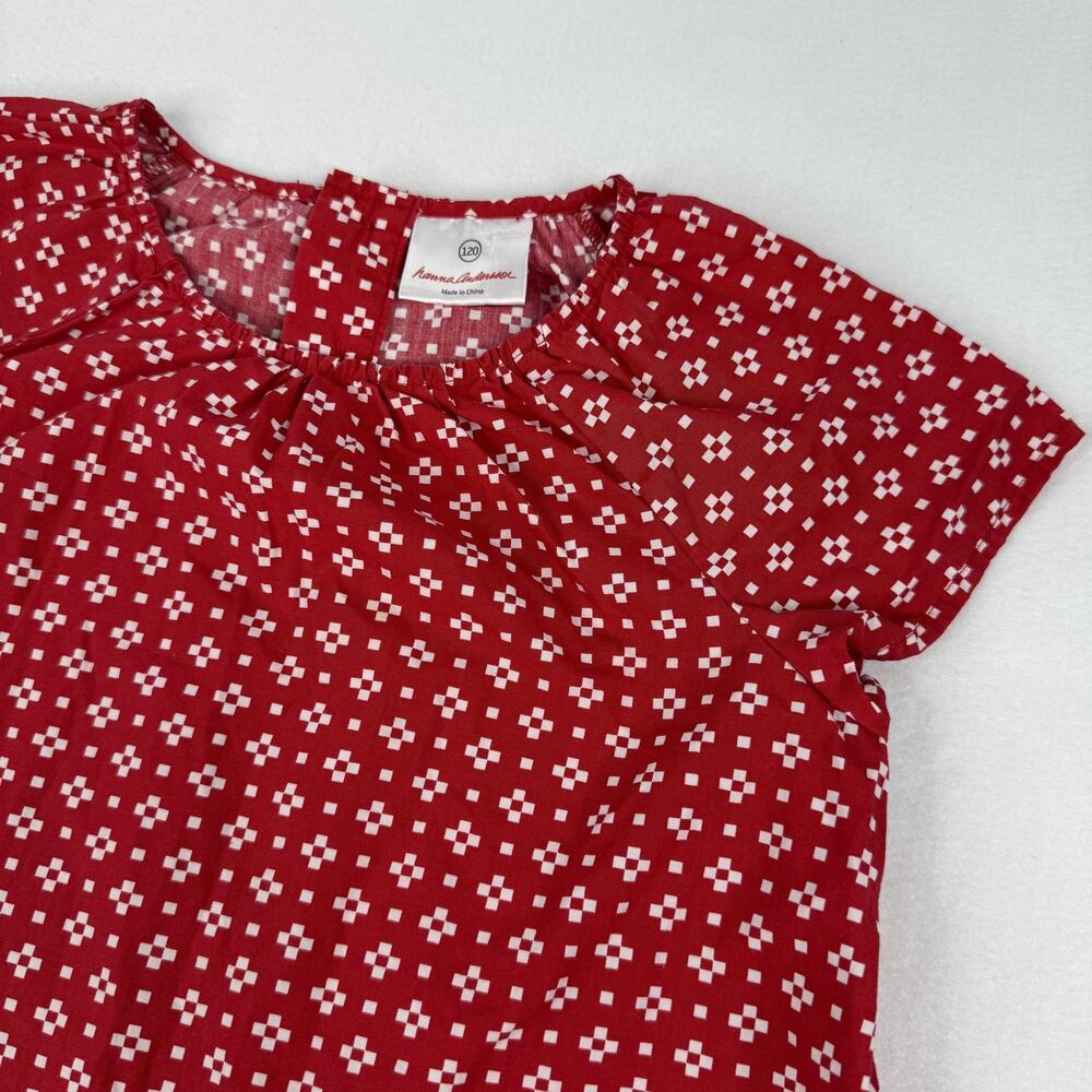 Hanna Andersson Dress Girls 6-7 120 Red Geometric Short Sleeve Ruffle A-Line